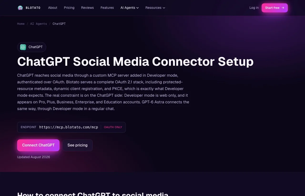 The Blotato ChatGPT connector page, showing the MCP endpoint and the OAuth-only badge.