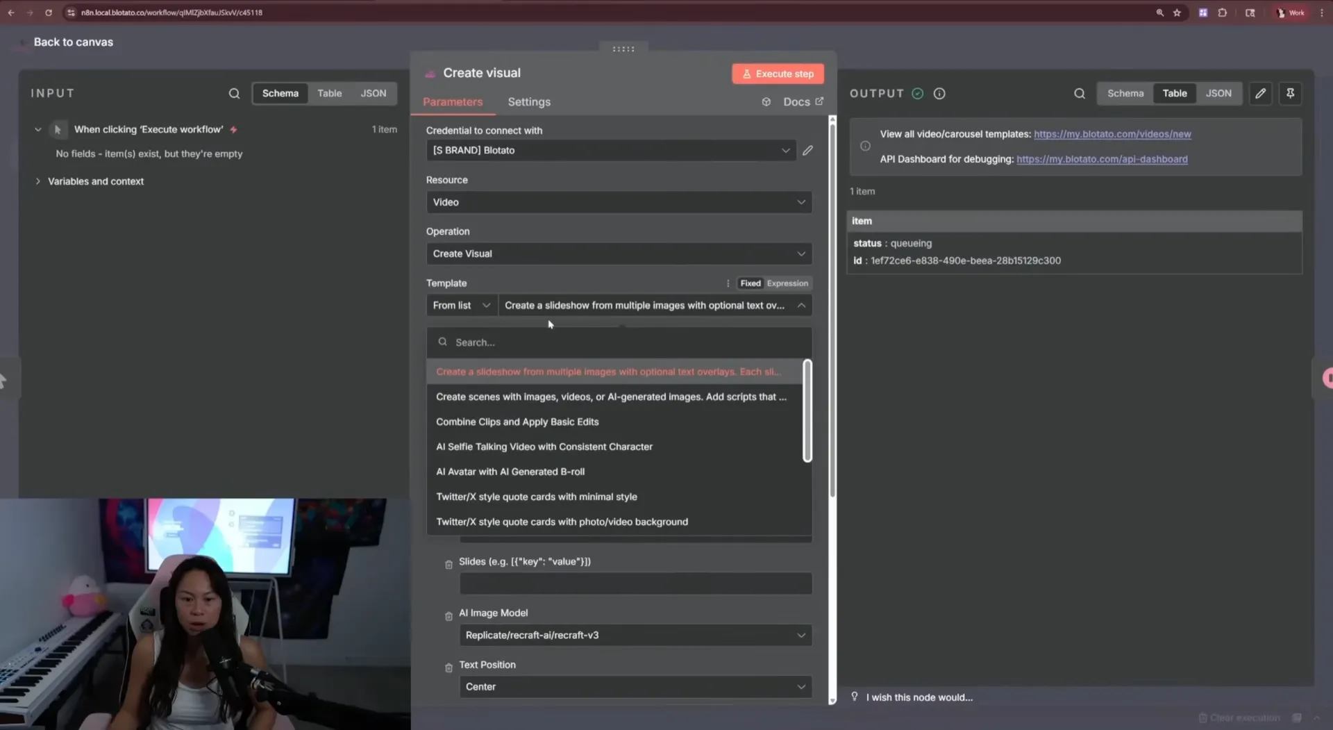 Blotato Create Visual node configured for an AI image slideshow with the prompt Ski tips for icy conditions, showing the response panel on the right with status queueing and the generated job ID returned by the API.