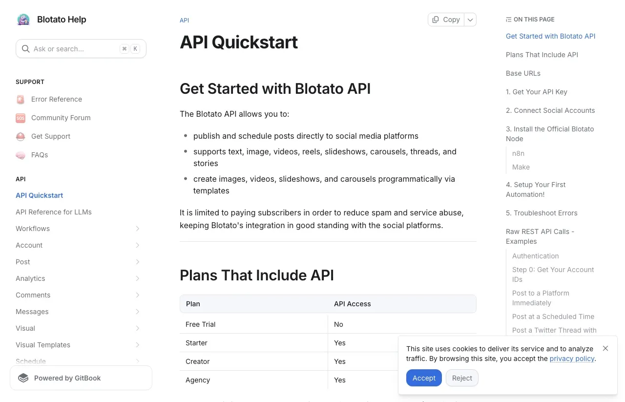 The Blotato API quickstart, showing the REST base URL and the hosted MCP server endpoint.