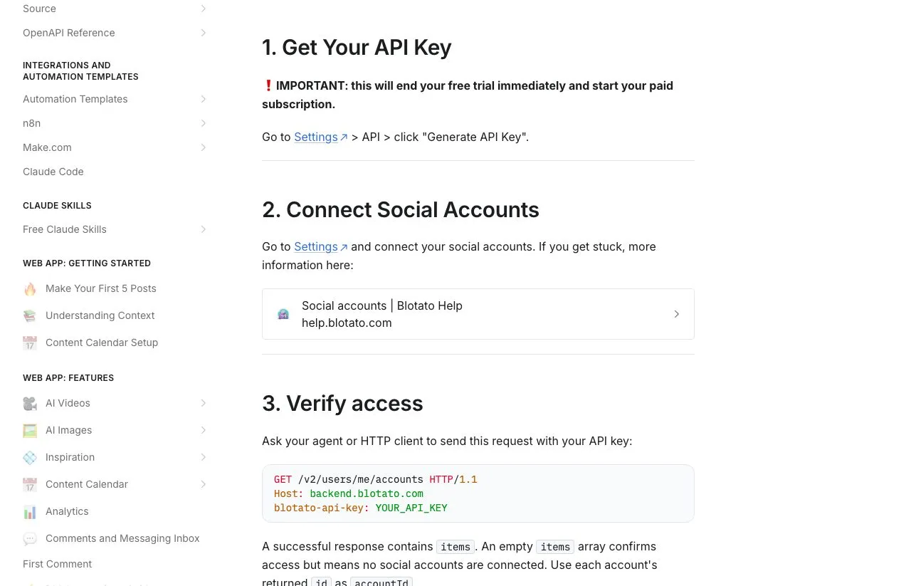Blotato's REST API quickstart: generating an API key ends the free trial immediately, then connect social accounts and verify access with GET /v2/users/me/accounts using the blotato-api-key header.