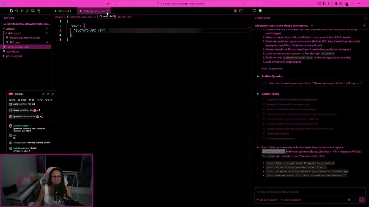 The settings.local.json file holding the Blotato API key environment variable, with the post skill and its capabilities listed in the Claude Code panel.