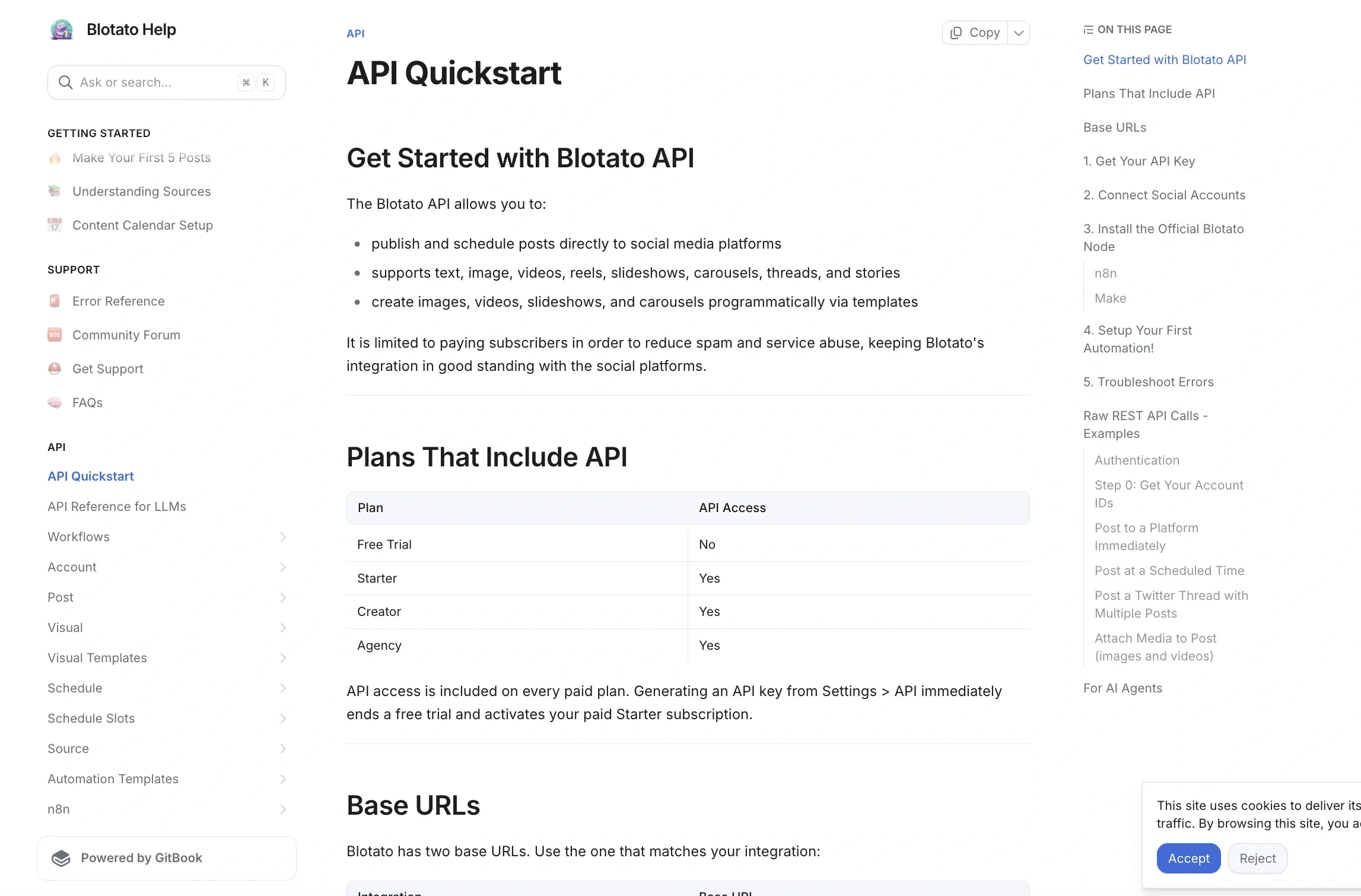 Blotato API Quickstart documentation at help.blotato.com/api/start showing the unified Pinterest API alternative: a single POST endpoint that publishes to Pinterest plus eight other platforms (Twitter, LinkedIn, Facebook, Instagram, TikTok, Threads, Bluesky, YouTube) with the same blotato-api-key authentication used in the cURL example above.