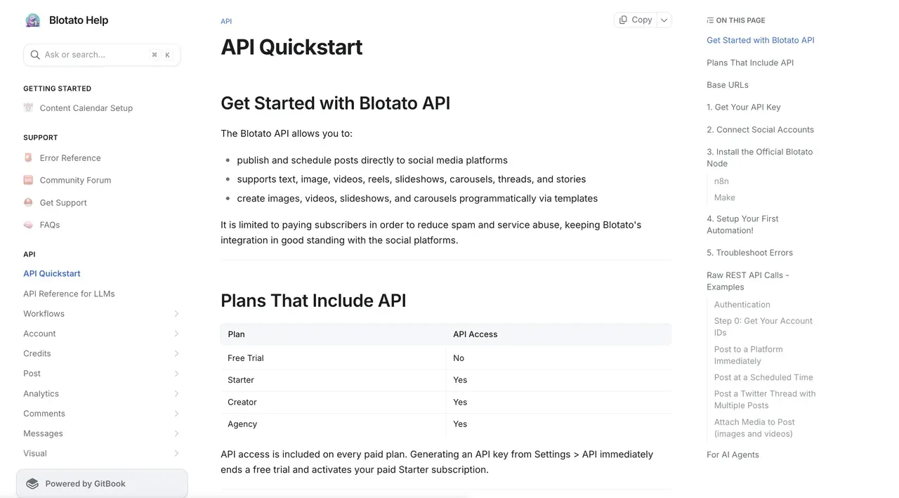 Blotato's API Quickstart docs, the unified alternative to the Instagram posting API: publish and schedule posts, reels, carousels, and stories, with API access on every paid plan.