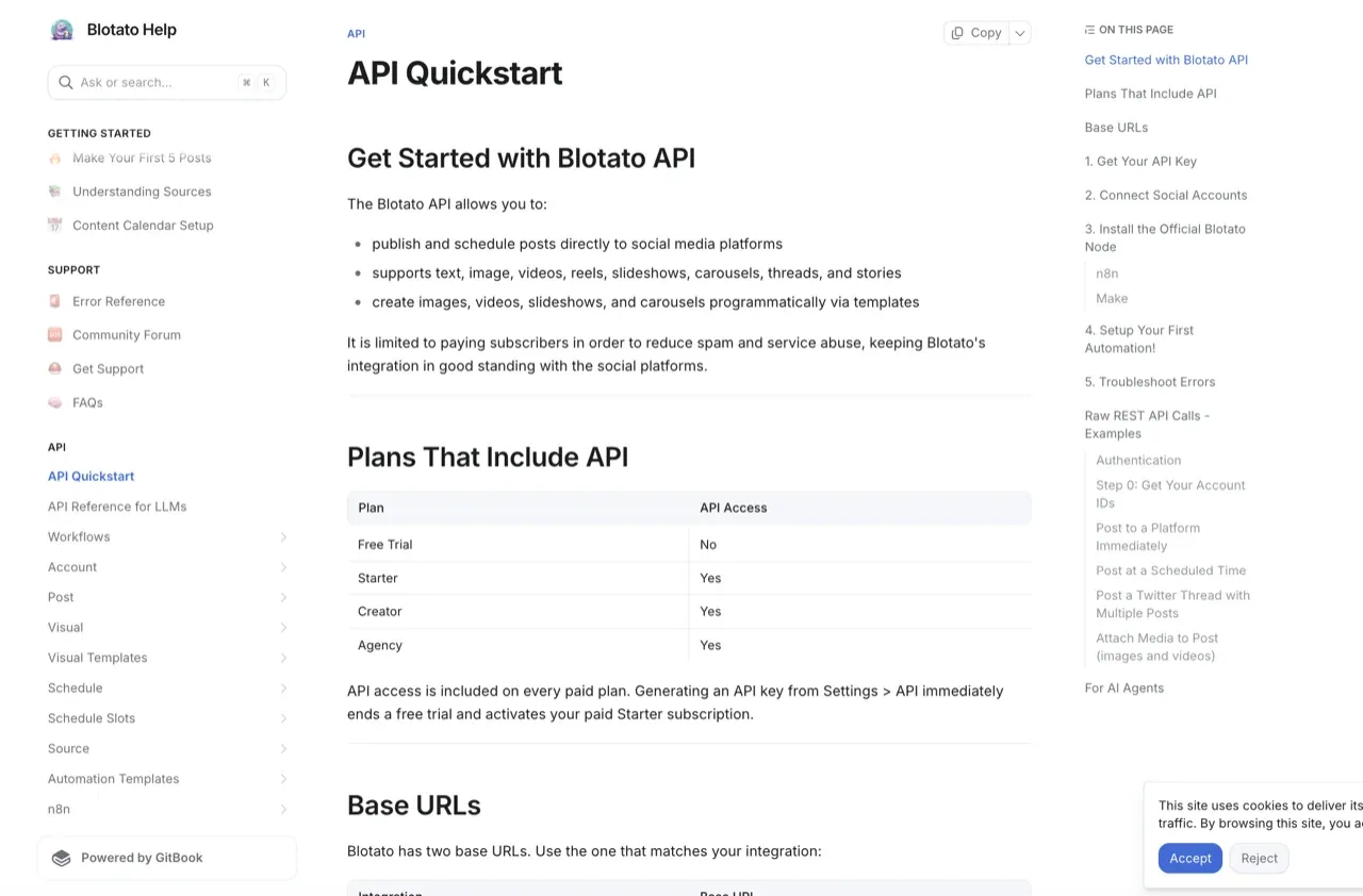 Blotato's unified API quickstart at help.blotato.com/api/start, showing the POST /v2/posts endpoint and the blotato-api-key authentication header that publishes to Bluesky and eight other platforms from a single HTTP request.