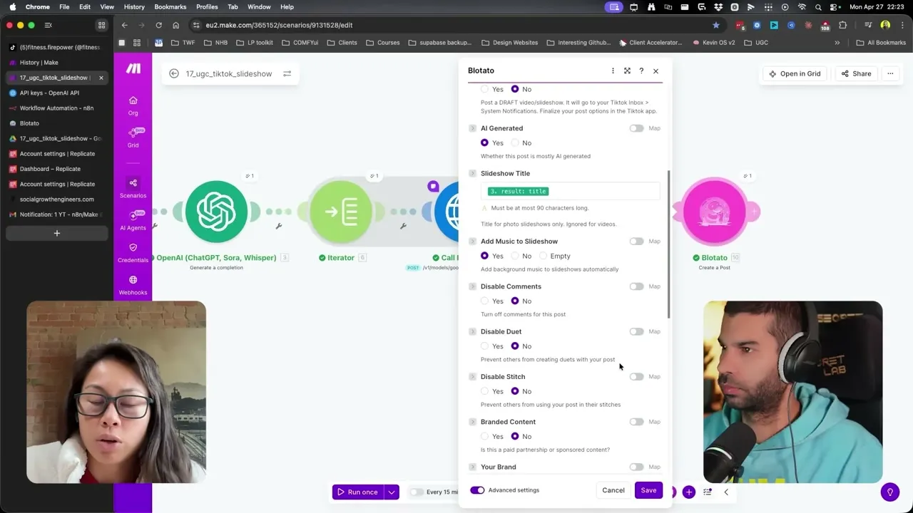 Blotato Create a Post module in Make.com showing TikTok-specific options: AI Generated set to Yes, Slideshow Title mapped from the OpenAI result, and Add Music to Slideshow toggled Yes so trending audio is applied automatically at publish.