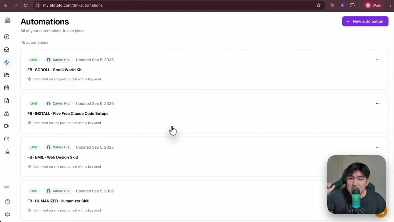 Calvin's Blotato automations list showing 46 live comment-to-DM flows across Facebook and Instagram, each one created by an agent.