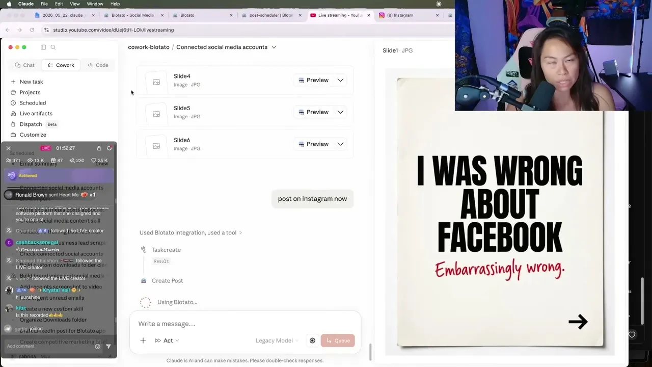 Claude Cowork generating an Instagram carousel through the Blotato connector, with the finished slides previewed on the right.