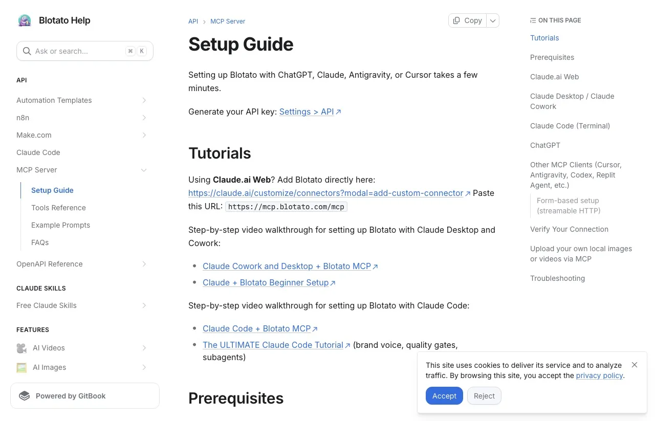 The Blotato MCP setup guide, with ChatGPT listed among the supported clients.