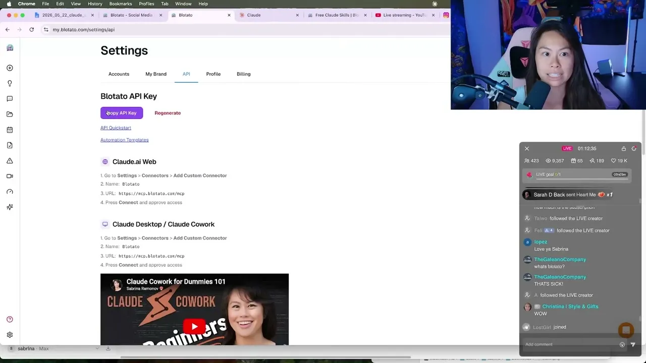 The Blotato Settings page where you connect your social media accounts before wiring Claude in.