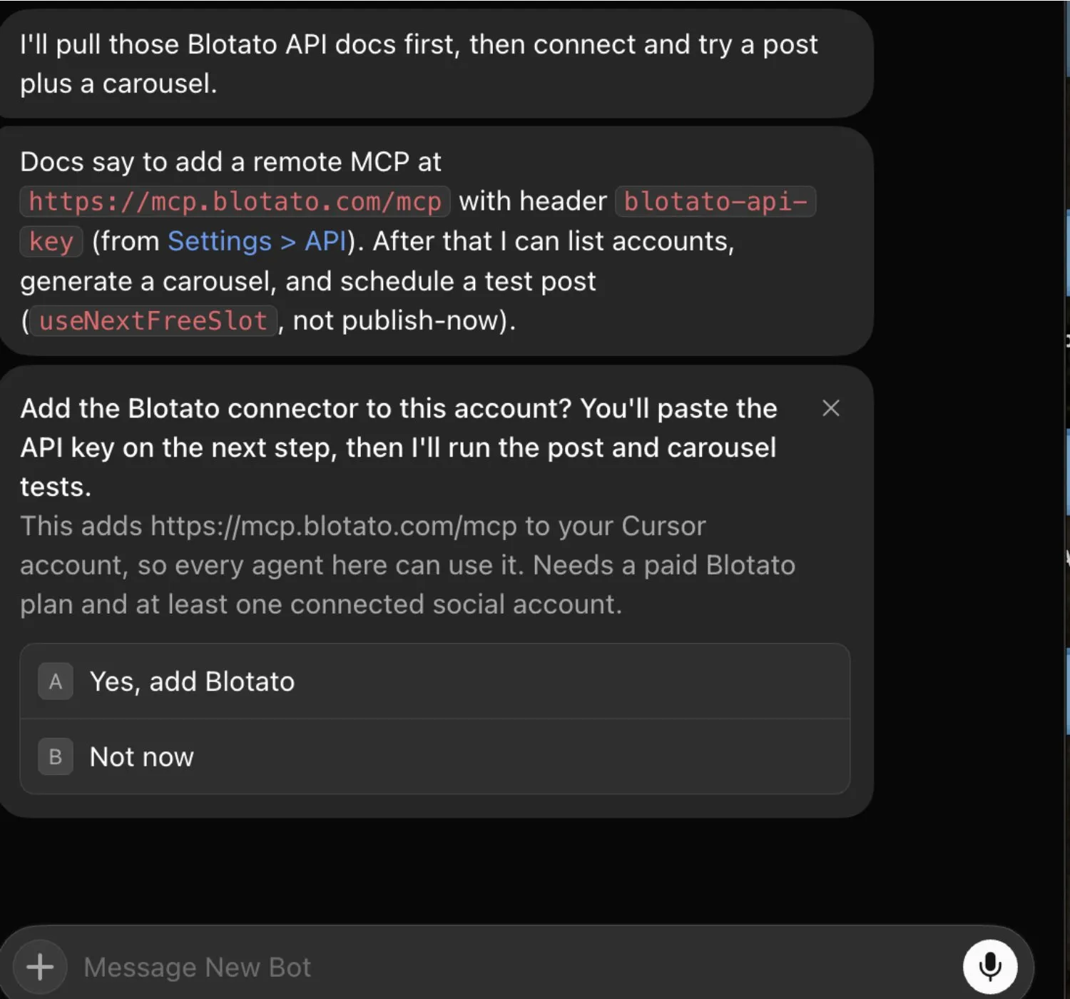 Grok Bot reading the Blotato API docs and offering a connect card: add the remote MCP at mcp.blotato.com/mcp with the blotato-api-key header.