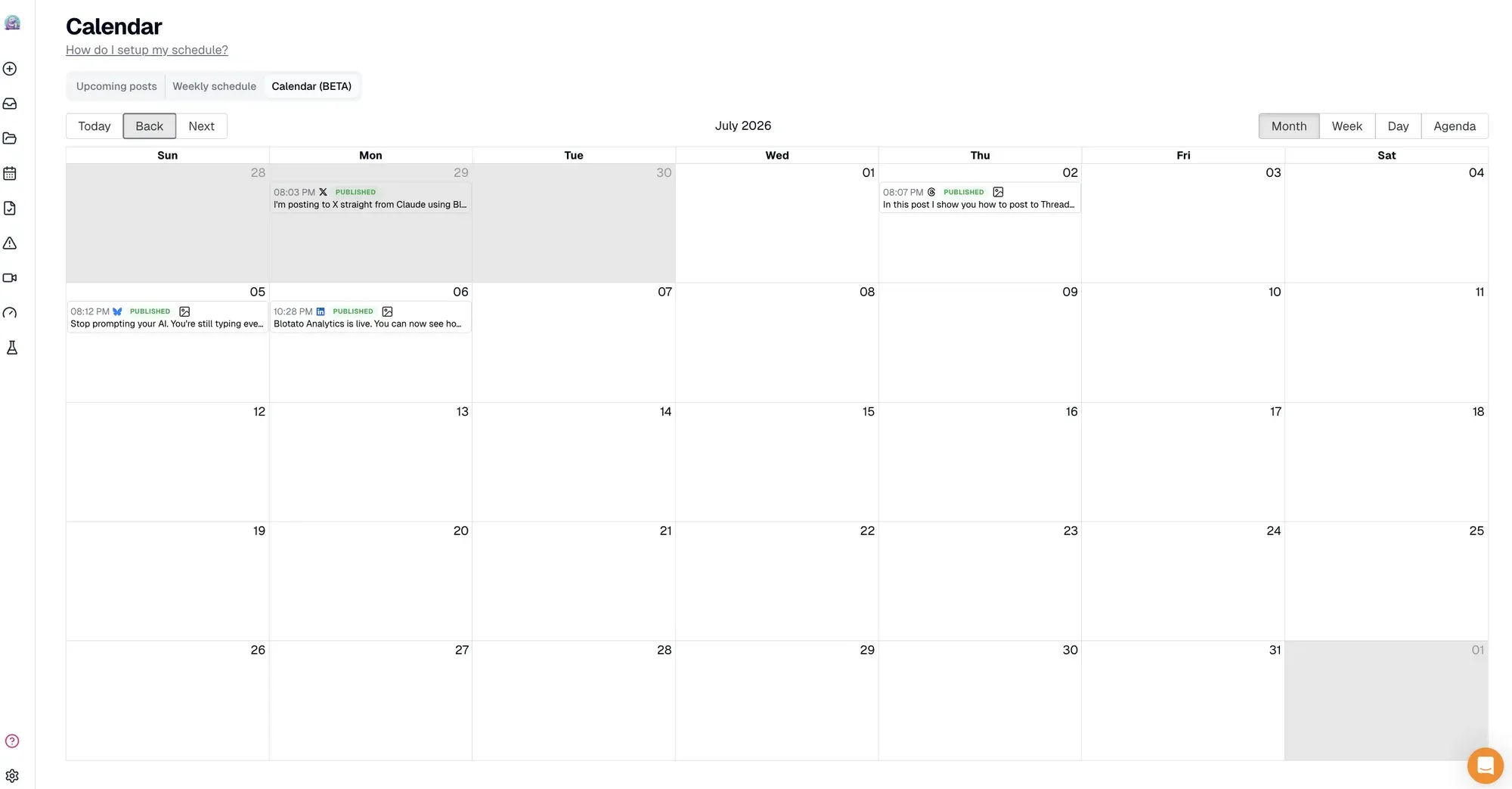 Claude workflows calendar view: published posts to X, Threads, Bluesky, and LinkedIn on the Blotato content calendar.