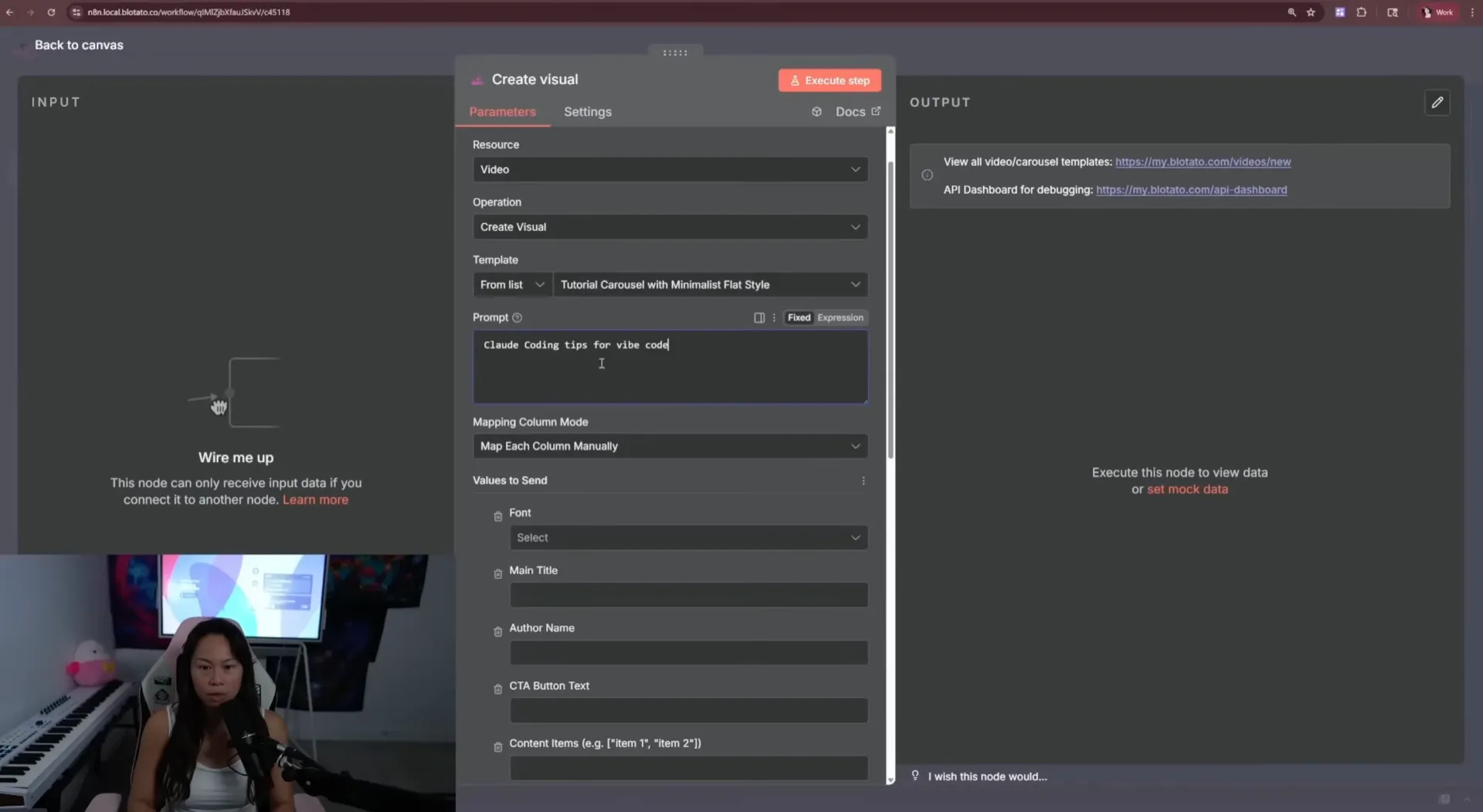 Blotato Create Visual node in n8n with the Template dropdown set to Tutorial Carousel with Minimalist Flat Style and the Prompt field filled in with Claude Coding tips for vibe coders, showing the optional override fields like Font, Main Title, Author Name, CTA Button Text underneath.
