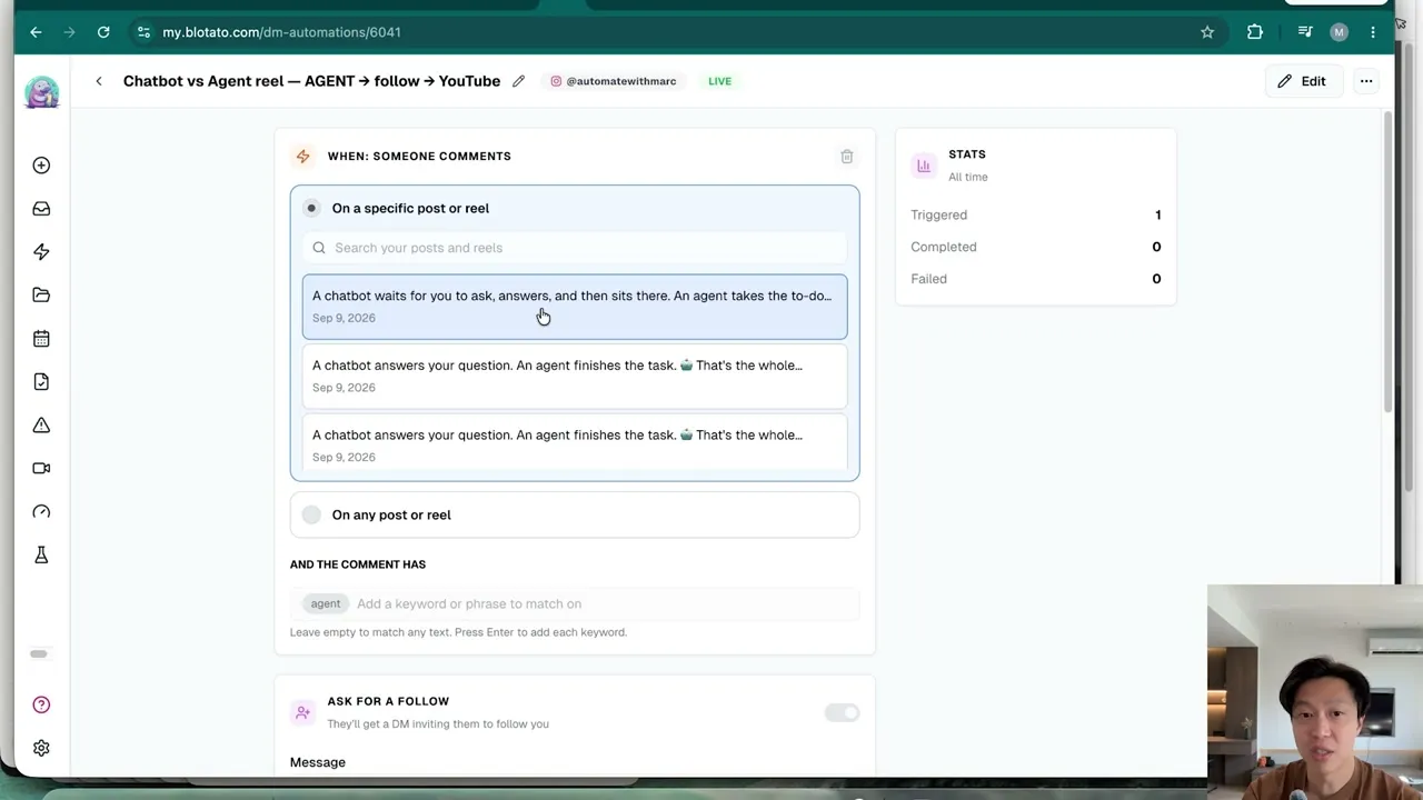 The live Blotato DM automation for the chatbot vs agent reel: triggered by comments containing "agent", with a follow step and one trigger so far.