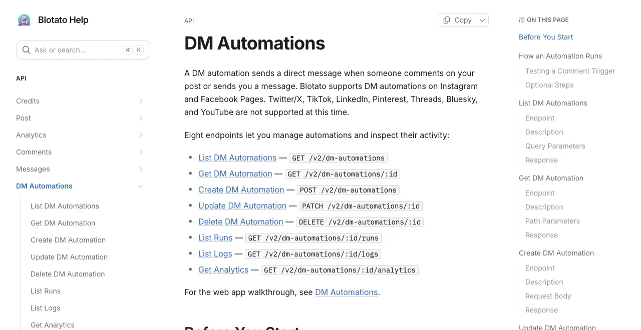 Blotato's DM Automations API reference listing the eight endpoints and the platforms it supports.