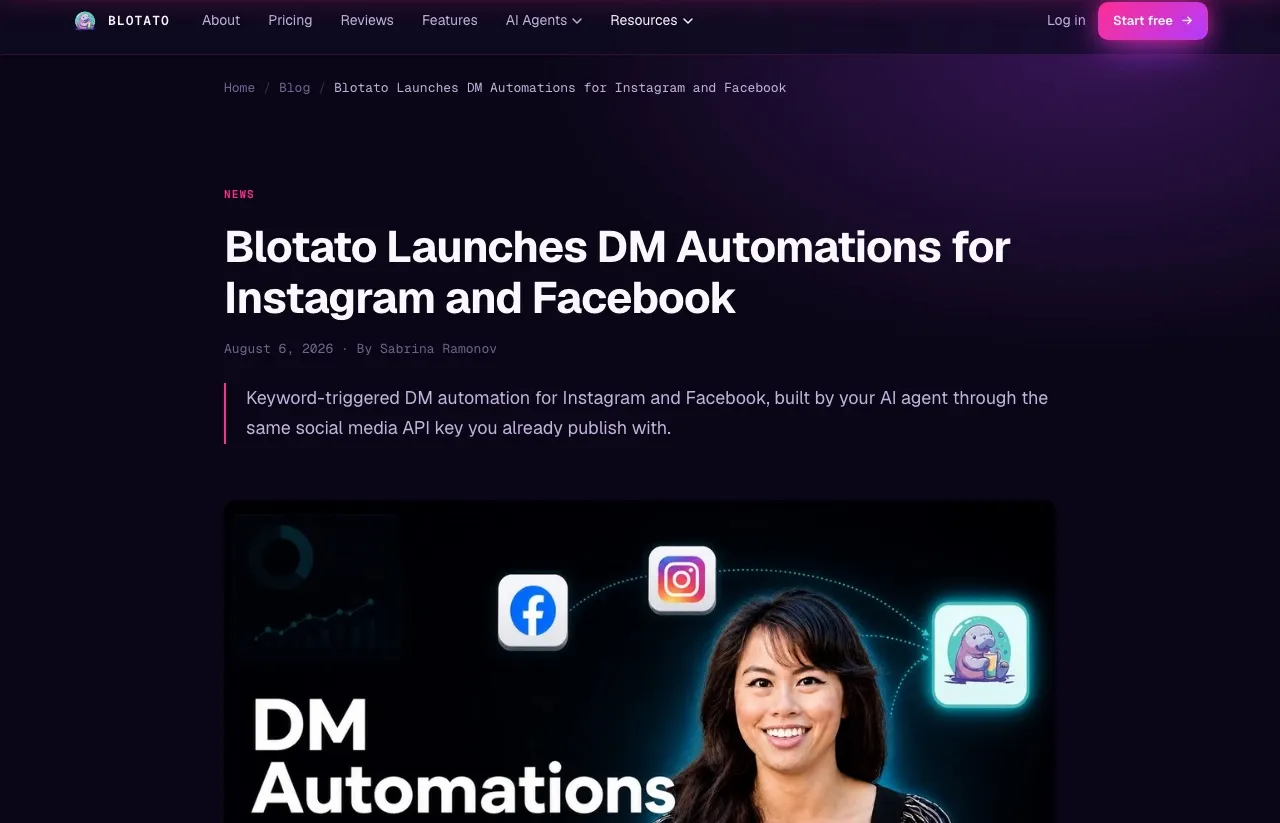 Blotato's DM automations launch: keyword-triggered DM automation for Instagram and Facebook behind the same social media API key that publishes.