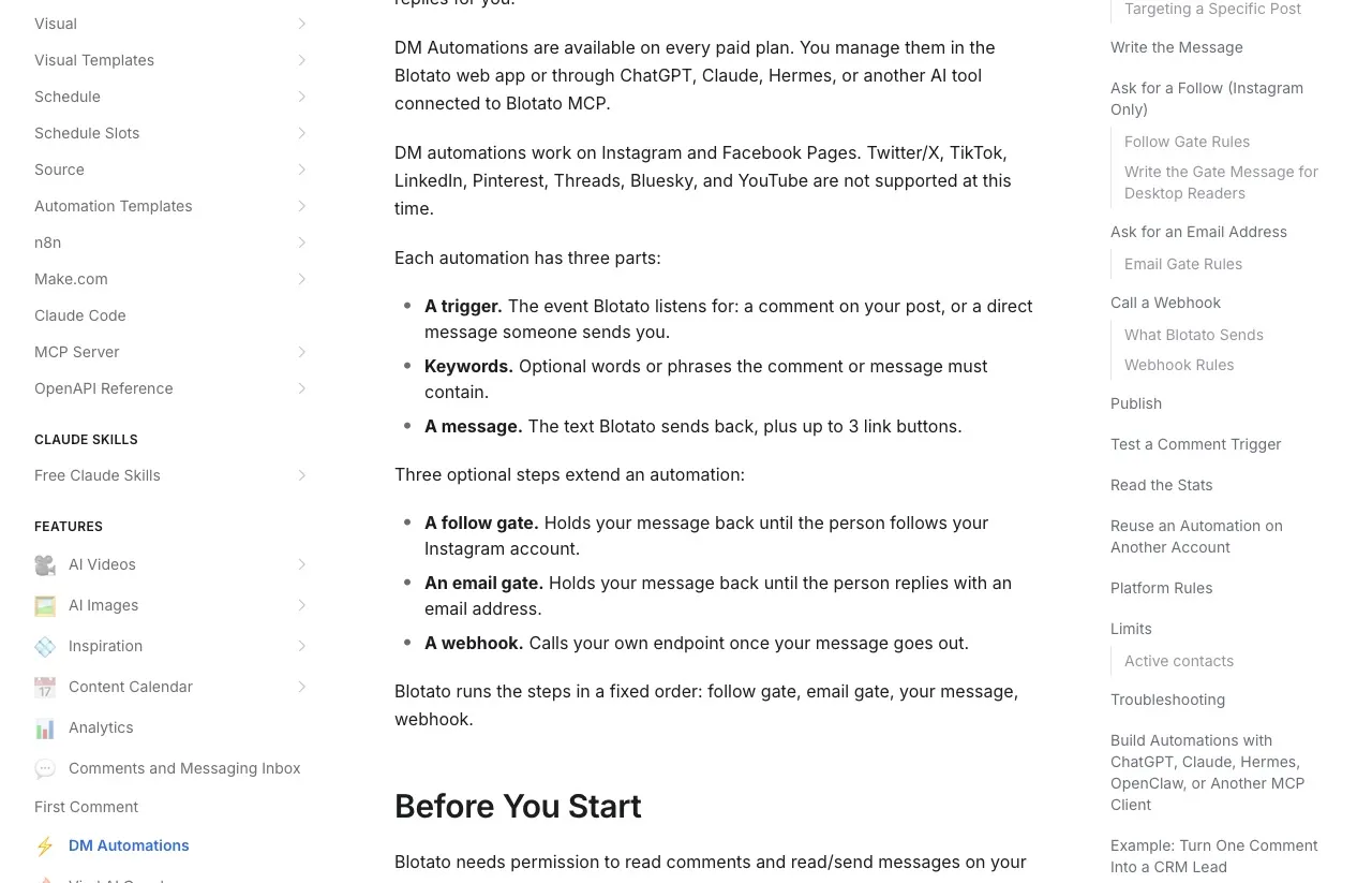 Blotato's DM automations documentation showing the follow gate and email gate rules for Instagram and Facebook.