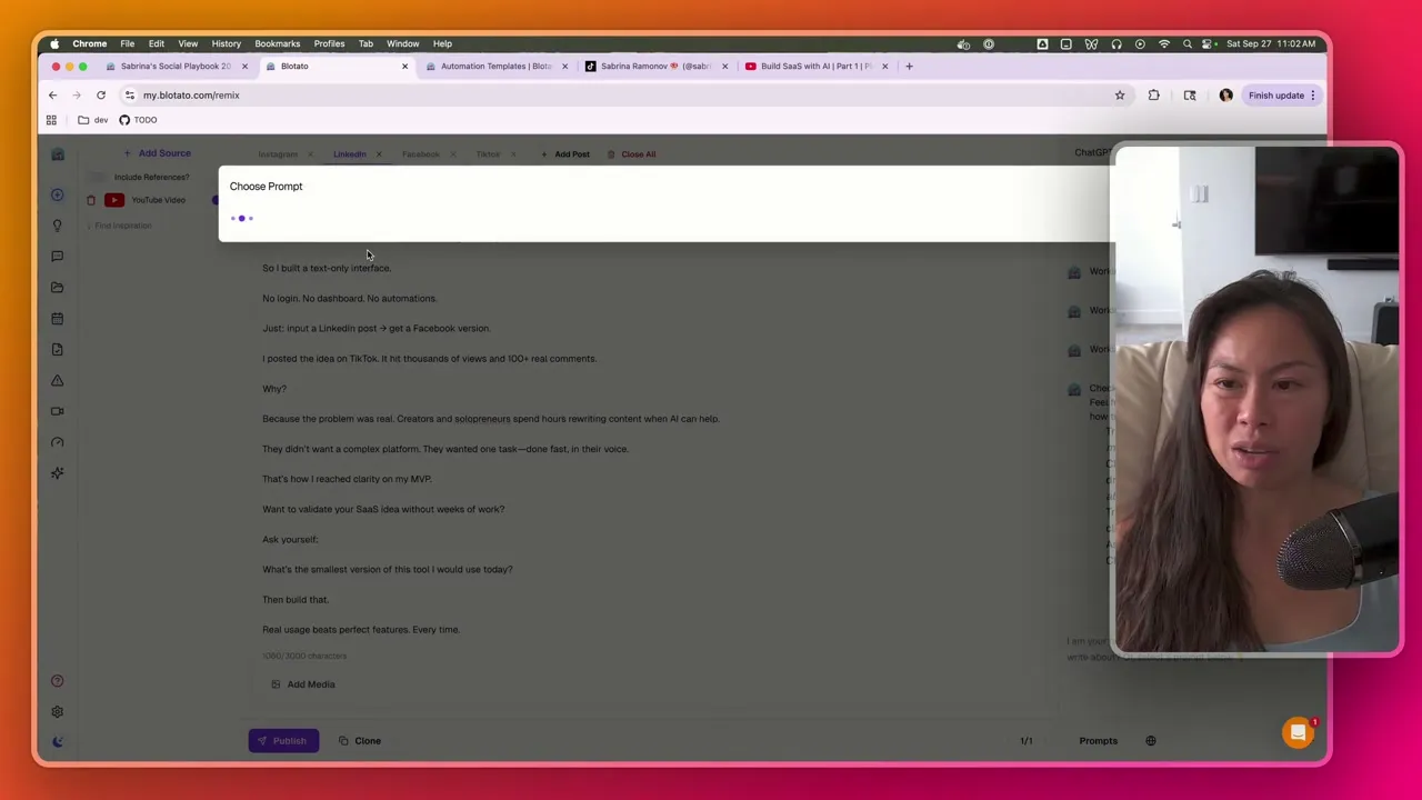 Blotato generate posts interface with multiple platforms selected