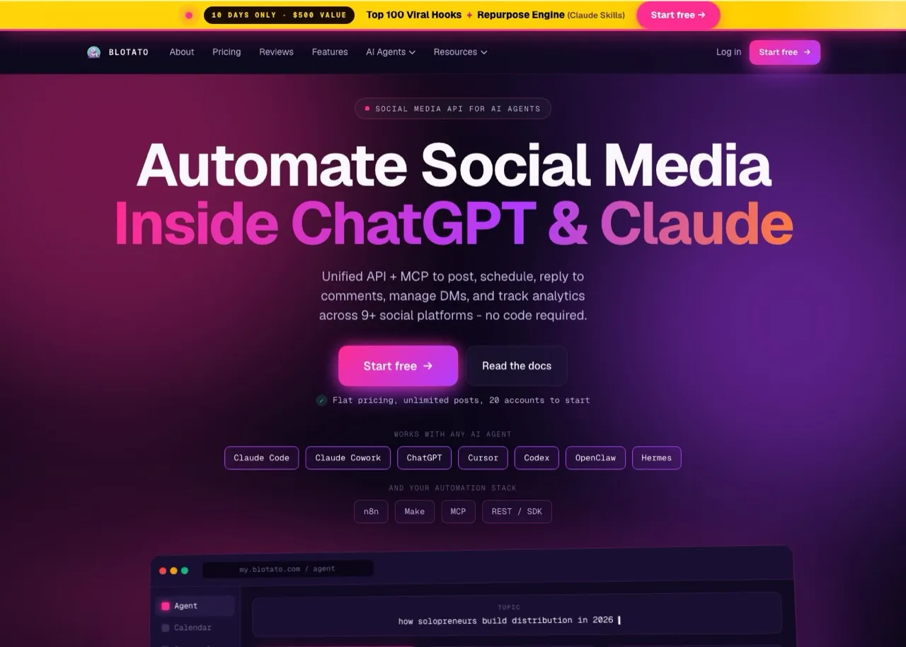 Postproxy alternative Blotato homepage showing unified social media API and MCP for AI agents