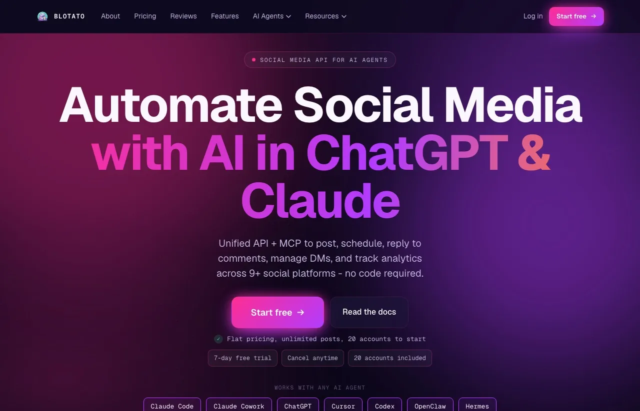 Blotato's homepage positioning the product as a social media API and MCP for AI agents, with flat pricing and 20 accounts included to start.