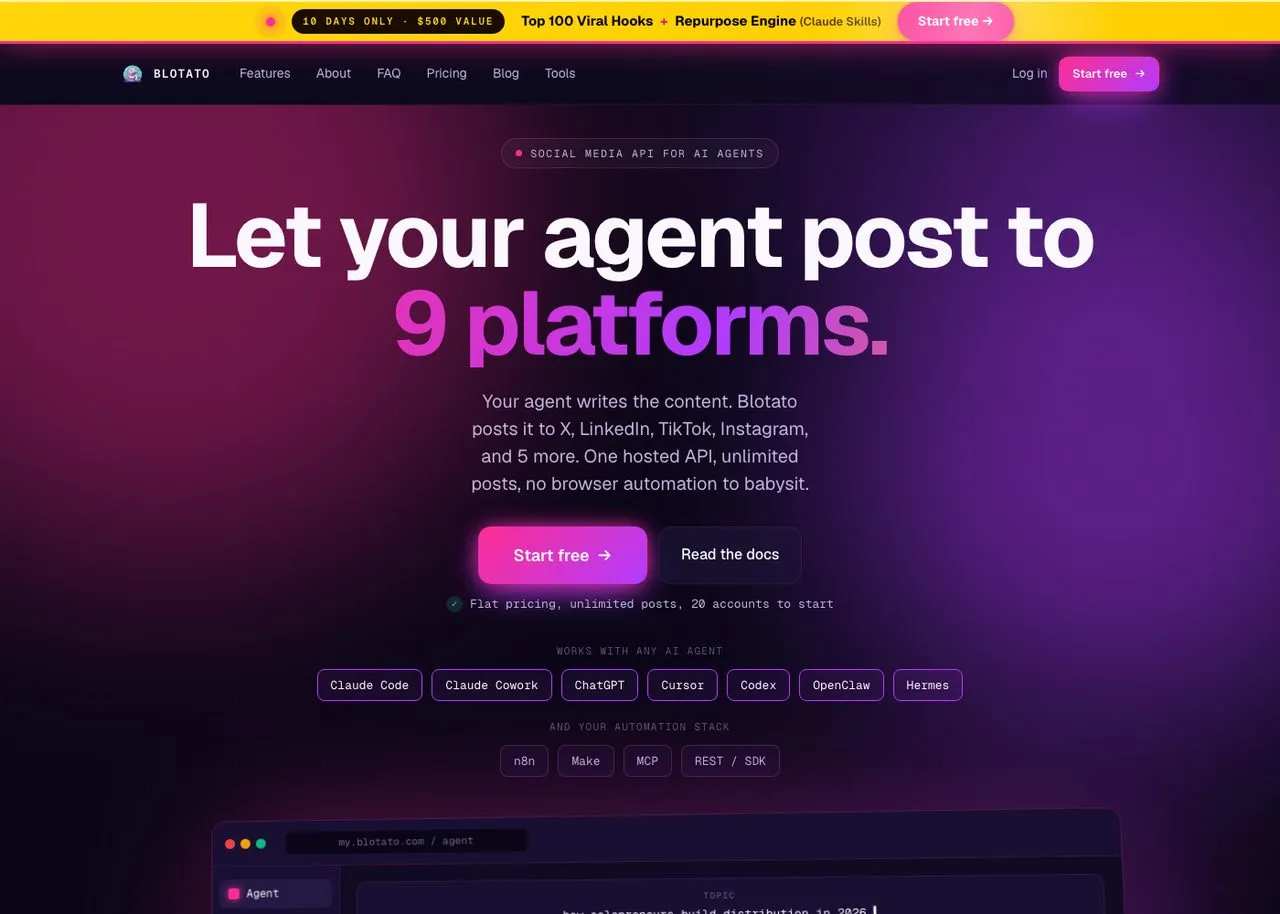 Tailwind app alternative Blotato homepage showing AI content creation and publishing across 9 platforms
