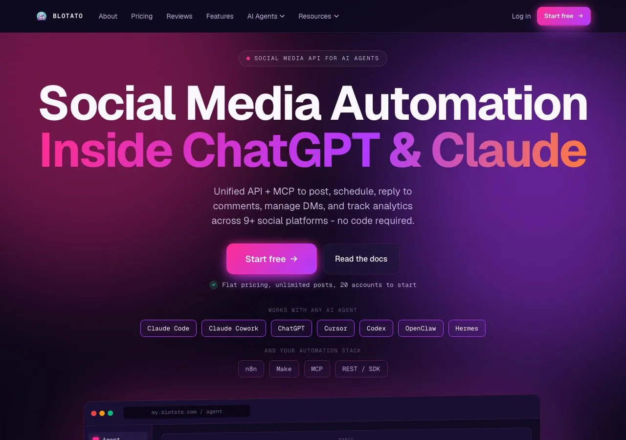 Blotato's homepage, which pitches social media automation inside ChatGPT and Claude through one API and MCP server, with a list of supported AI agents.