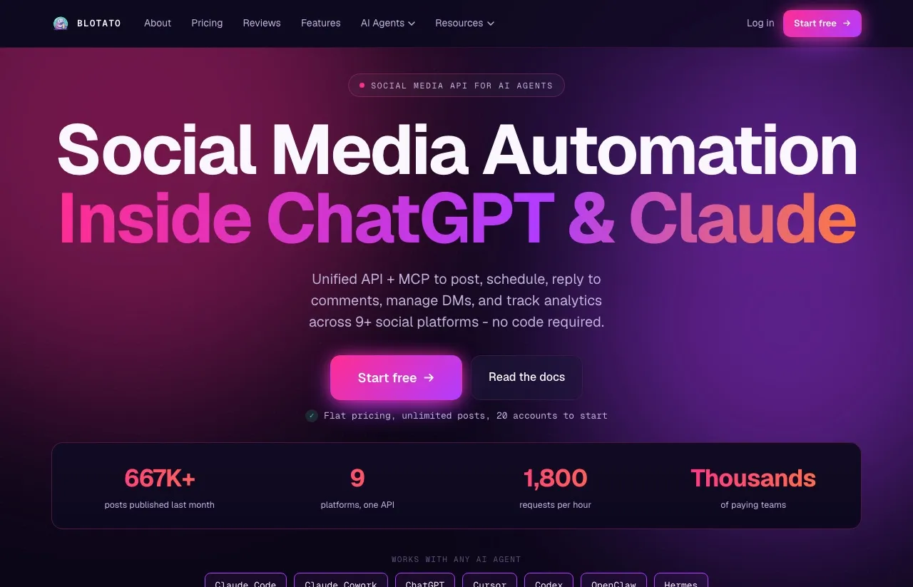 Blotato's homepage: social media automation inside ChatGPT and Claude, with a unified API and MCP to post, schedule, reply to comments, manage DMs and track analytics.