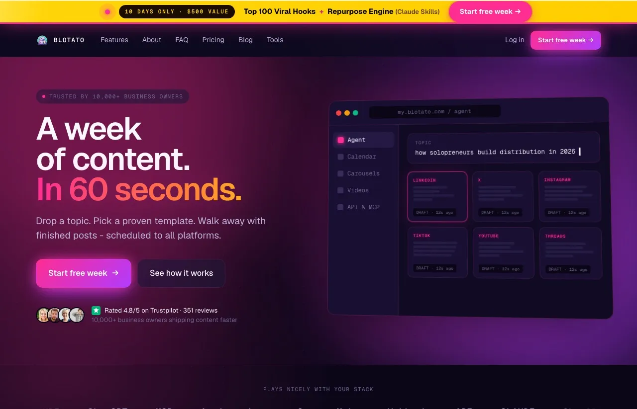 Blotato's homepage showing the AI content creation interface with multi-platform post generation.