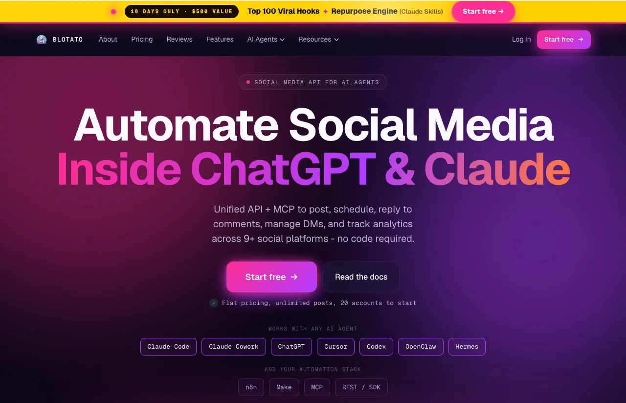 Blotato's homepage: one social media API and MCP surface for an AI agent to publish across nine platforms.