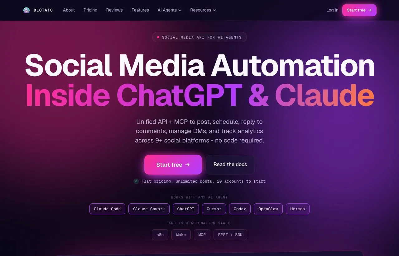 Blotato's homepage: a unified social media API and MCP to post, schedule, reply to comments, manage DMs and track analytics, with flat pricing and unlimited posts.