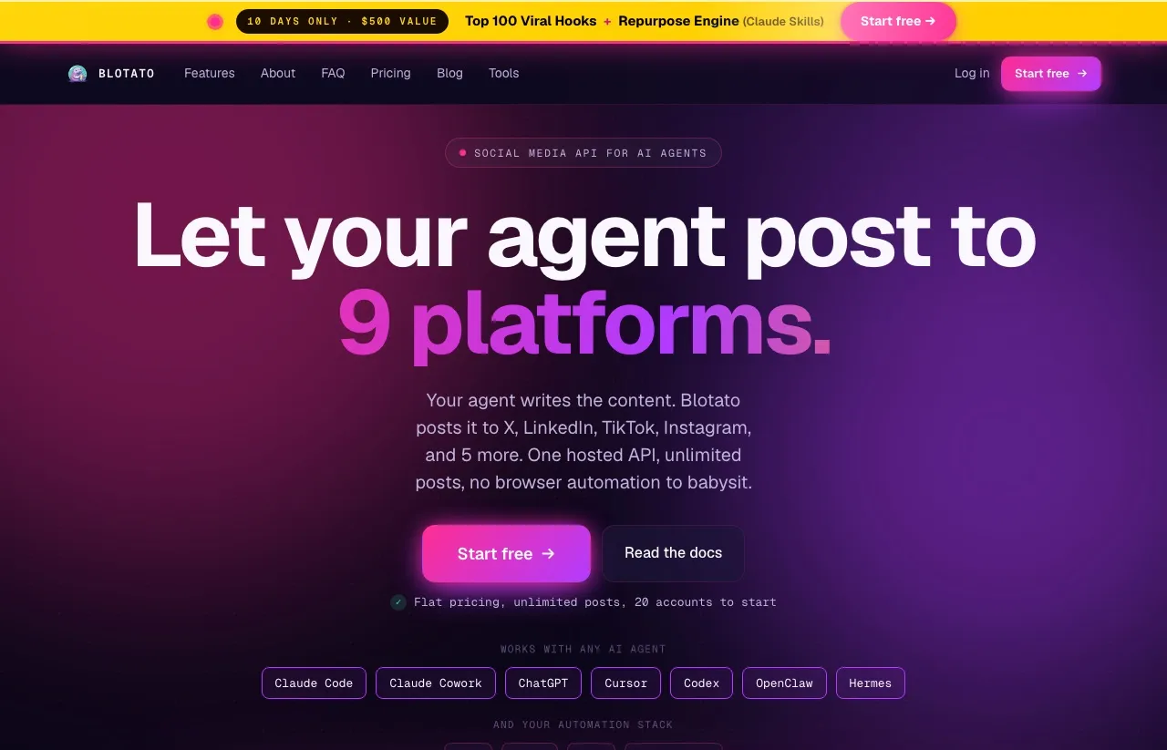 Blotato's homepage showing the AI content creation and multi-platform publishing workflow.