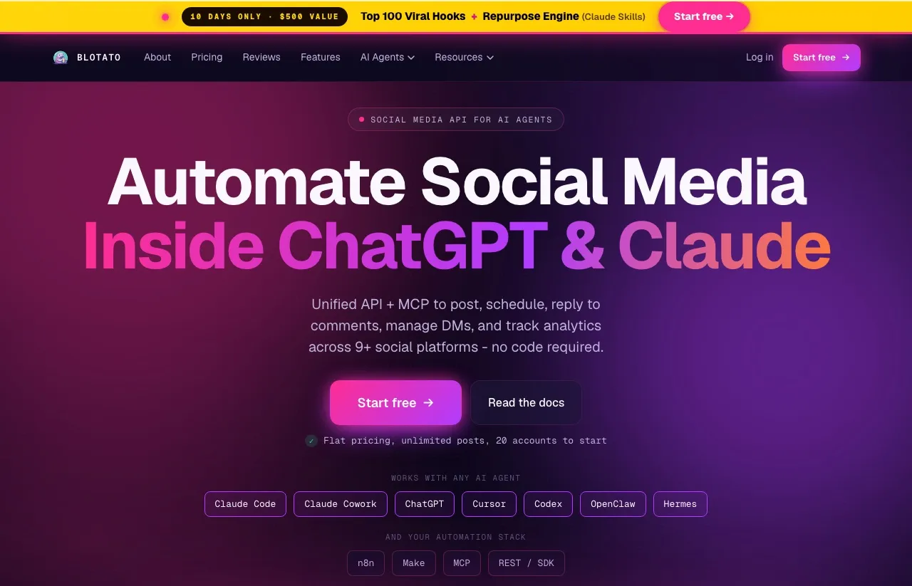 Blotato's homepage: one social media API and MCP surface for an AI agent to publish across nine platforms.