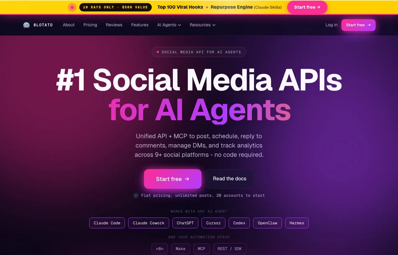 Blotato's homepage: a unified API and MCP server to post, schedule, reply to comments, manage DMs and track analytics across 9 platforms.