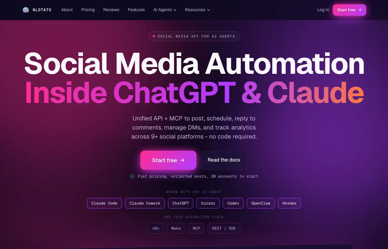 Blotato's homepage: a unified social media API and MCP server for AI agents to post, schedule, reply to comments, manage DMs and track analytics.