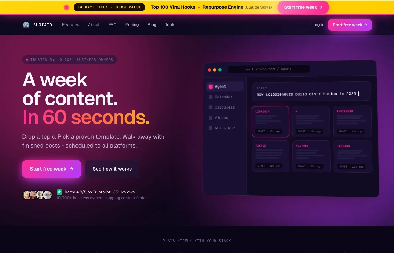 Blotato's homepage, positioning it as an AI content creation and scheduling engine for creators.