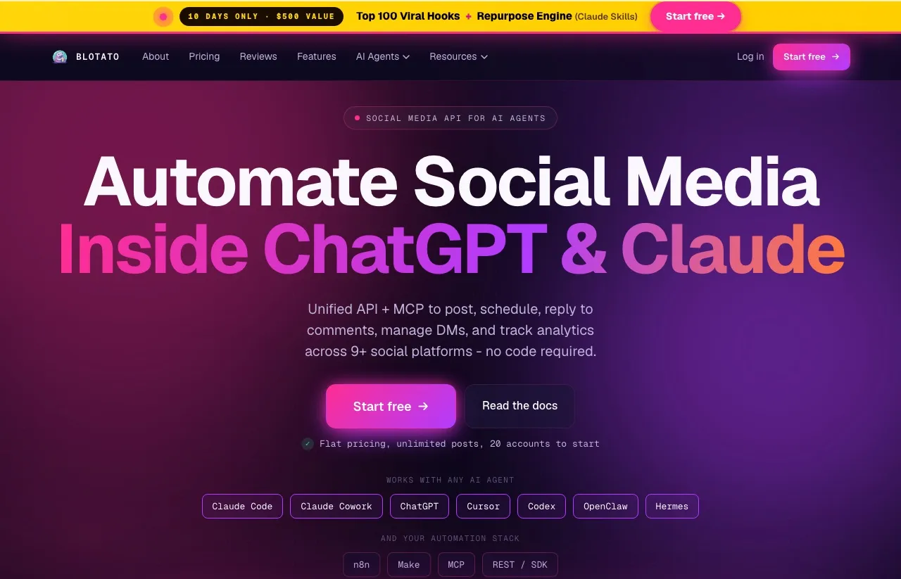 Blotato's homepage: one social media API and MCP surface that creates and publishes across nine platforms.