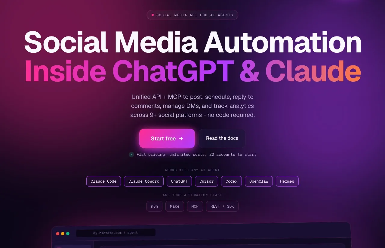 Blotato's homepage, describing one API and MCP server to post, schedule, reply to comments, manage DMs and track analytics, alongside the AI agents and automation tools it works with.