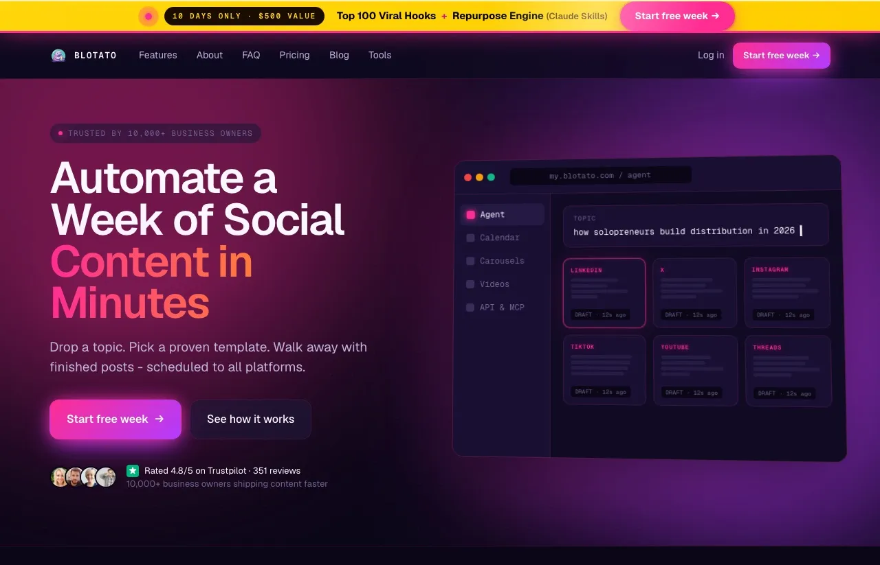 The Blotato homepage showing AI content creation and native publishing across 9 platforms.