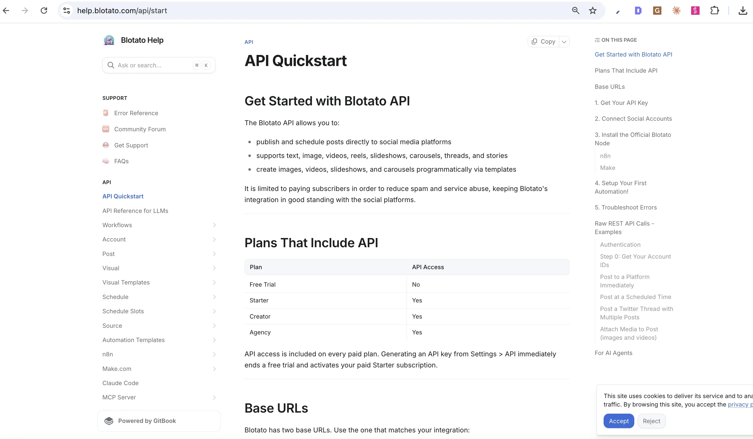 Blotato API Quickstart docs at help.blotato.com/api/start, the alternative to Meta App Review for the Instagram API. One authenticated endpoint posts to Instagram, Facebook, LinkedIn, X, TikTok, YouTube, Threads, Pinterest, and Bluesky.