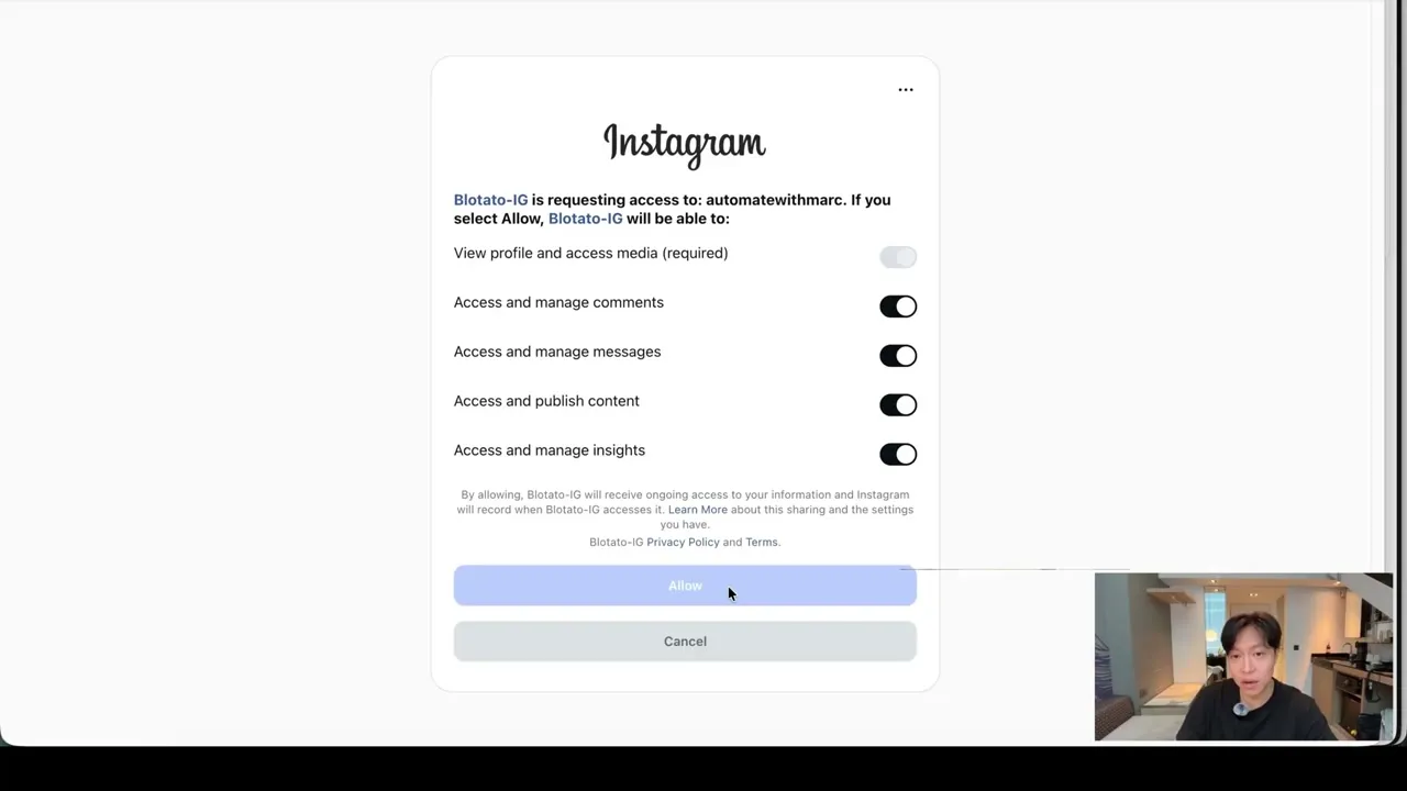 Connecting the automatewithmarc Instagram account to Blotato through the Instagram permission screen.