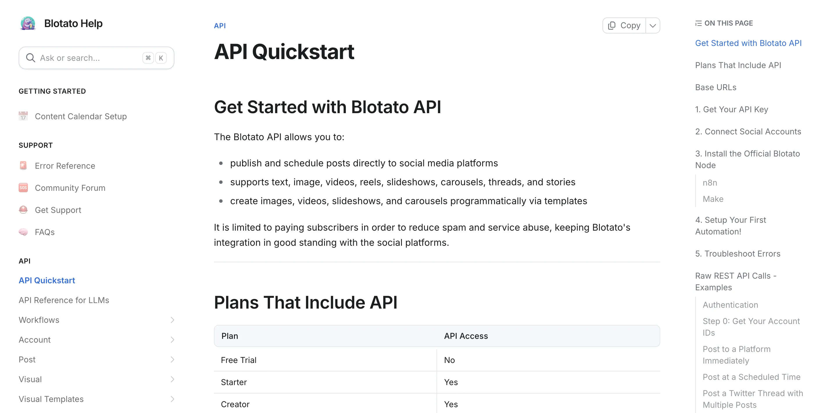 Blotato API Quickstart documentation page at help.blotato.com/api/start showing the unified posting endpoint capabilities and the Plans That Include API table confirming Free Trial has no API access while paid plans (Starter, Creator, Agency) all include it, the LinkedIn API alternative used in the cURL example above.