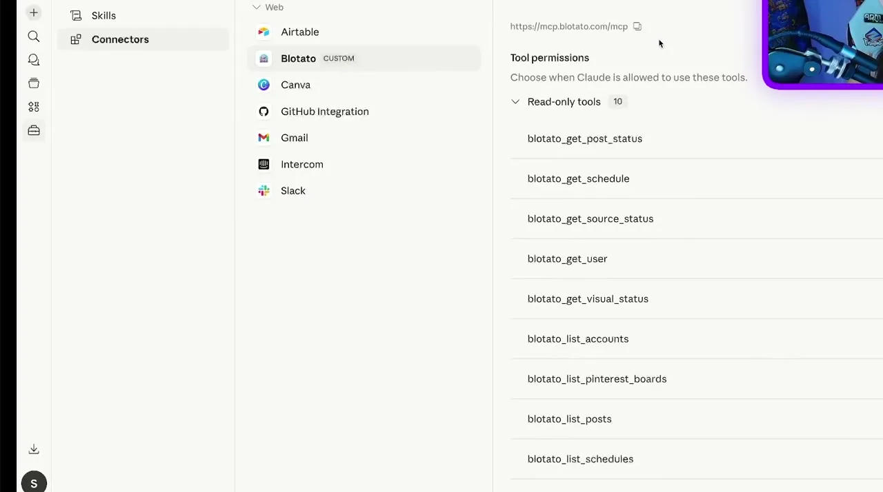 Blotato added as a custom connector at mcp.blotato.com/mcp, with its social media tools listed