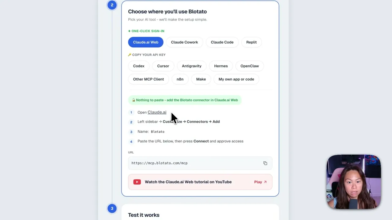 The Blotato onboarding screen showing one-click sign-in for Claude.ai Web, Cowork, Claude Code and Replit, with the MCP connector URL ready to paste.