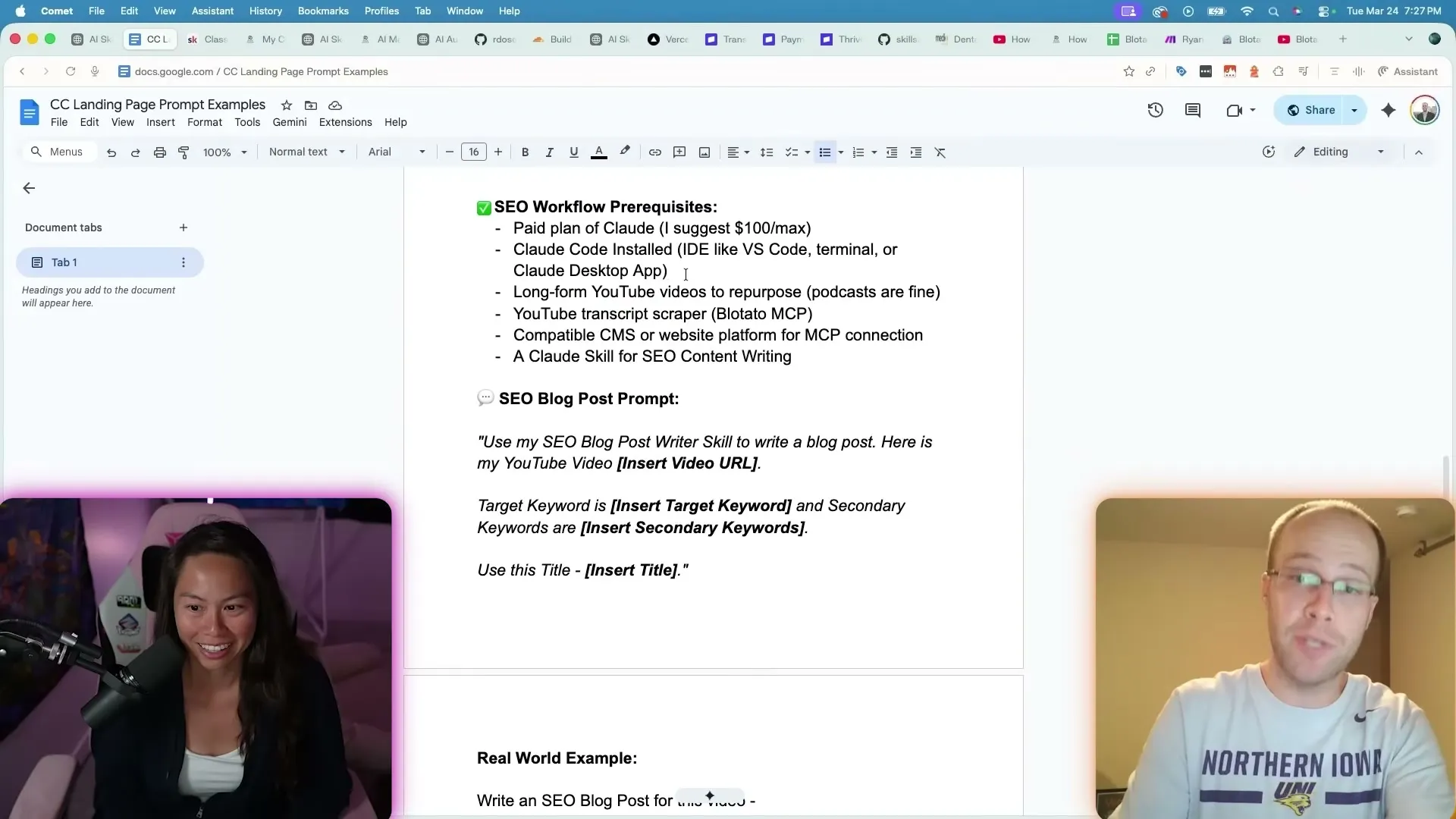 Ryan Doser's documented SEO workflow prerequisites, including the YouTube transcript scraper via Blotato MCP.