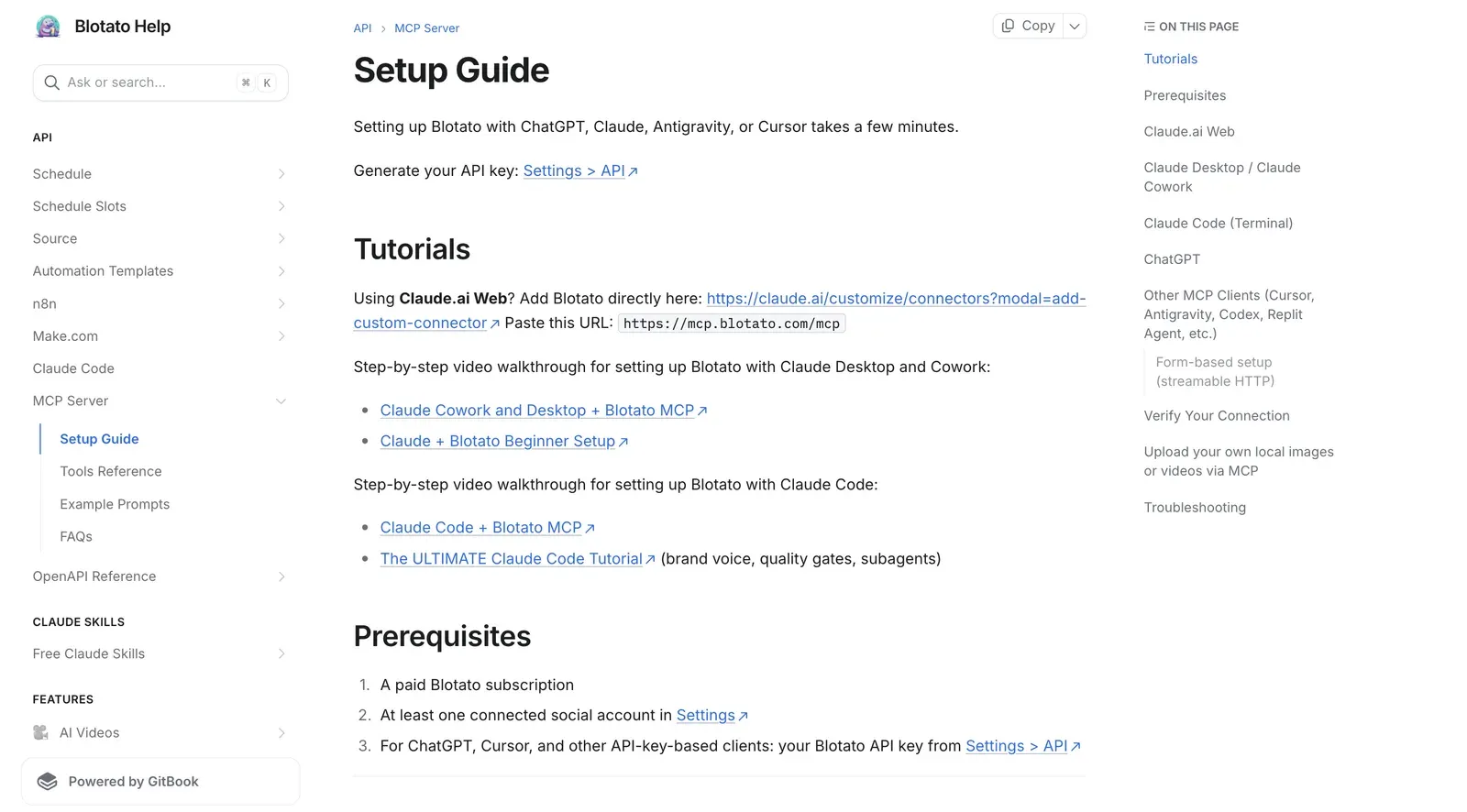 Blotato MCP setup guide on help.blotato.com showing the connector URL mcp.blotato.com/mcp and video tutorials for Claude.ai, Claude Desktop, and Claude Code.