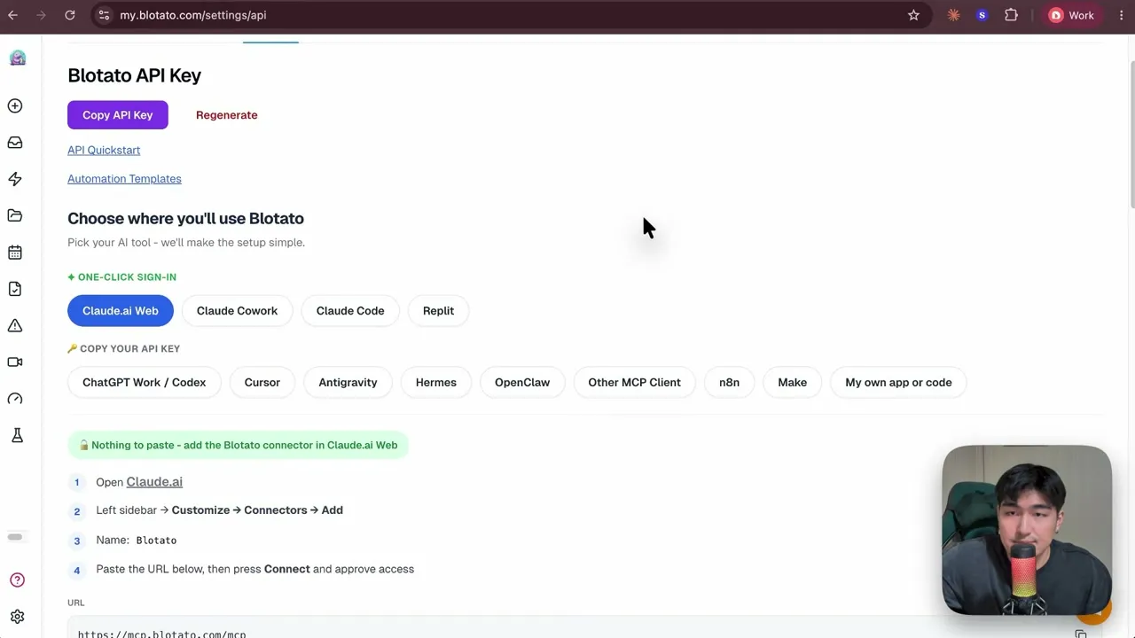 The Blotato API settings page Calvin uses to connect an agent: one-click sign-in for Claude.ai Web, Cowork, Claude Code, and Replit, and a copy-your-key path for Codex, Cursor, n8n, Make, and other MCP clients.