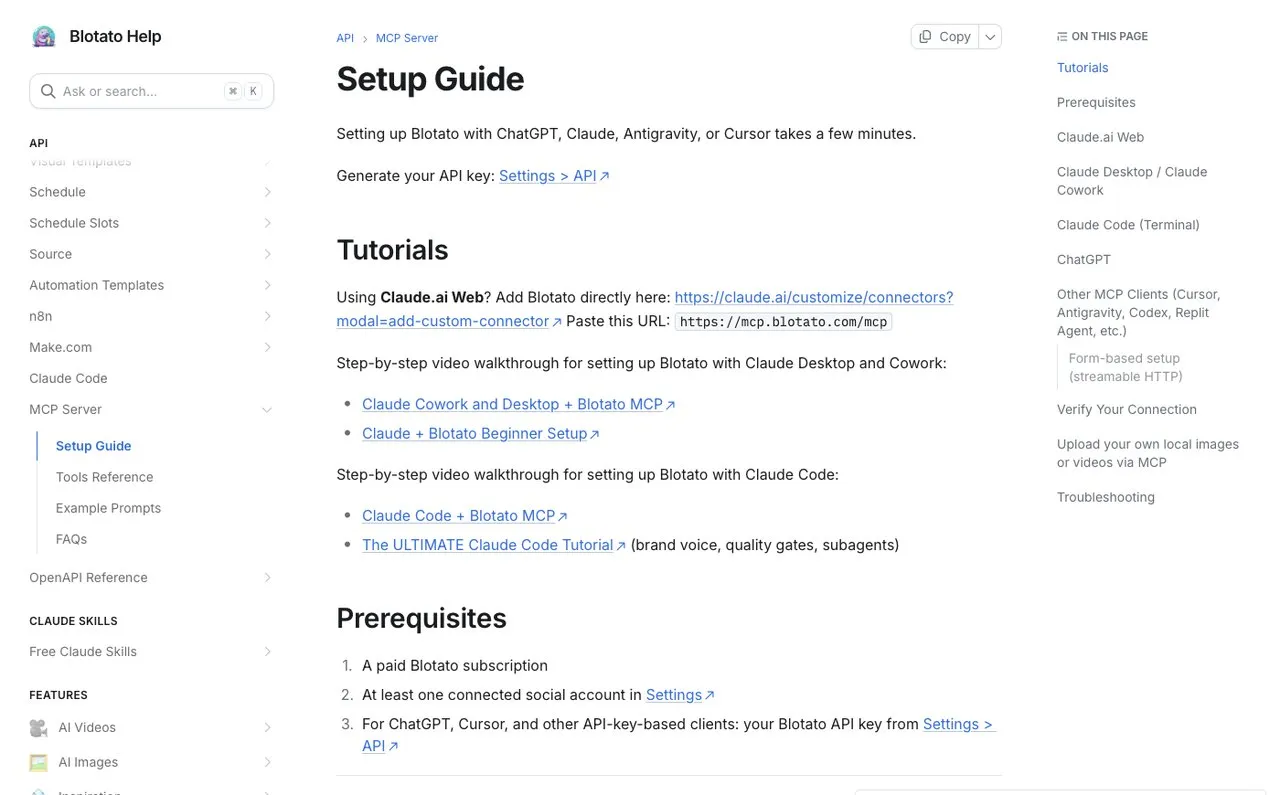 The Blotato MCP setup guide, showing the connection options for Claude, ChatGPT, Codex, and Cursor.