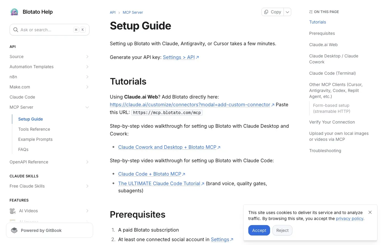 The Blotato MCP setup guide, listing a paid subscription and at least one connected social account as prerequisites.