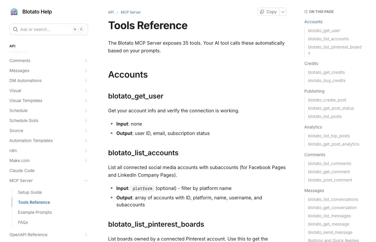 Blotato's MCP tools reference, stating the server exposes 35 tools and listing the account, publishing, analytics, comments and messaging tool names.