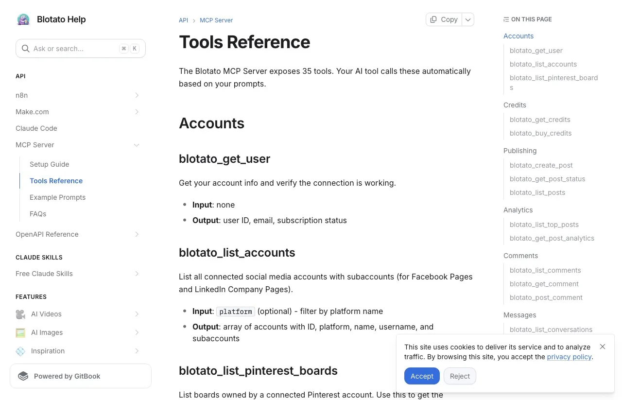 The Blotato MCP tools reference, listing blotato_list_accounts and the other tools ChatGPT calls once the connector is authenticated.