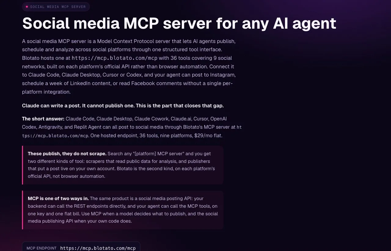 Blotato's MCP page, where publishing, comments, DMs and DM automation run through one hosted server.